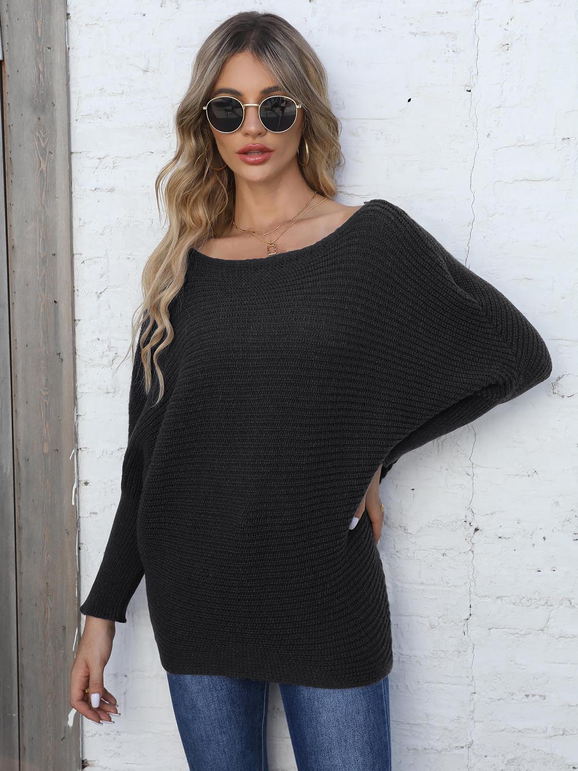 Dark Slate Gray Full Size Horizontal Ribbing Dolman Sleeve Sweater