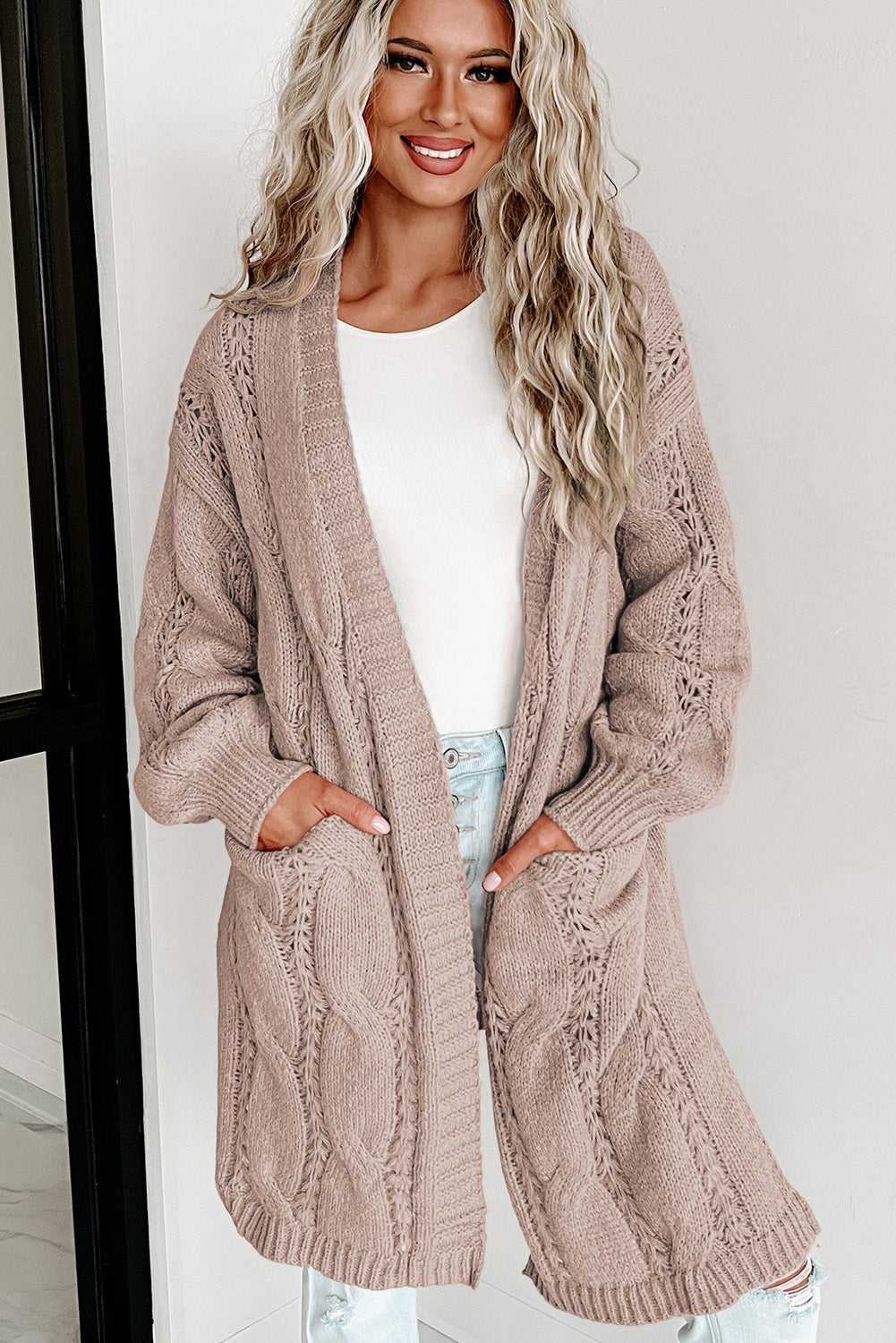 Light Gray Cozy Cable-Knit Dropped Shoulder Cardigan Cardigan