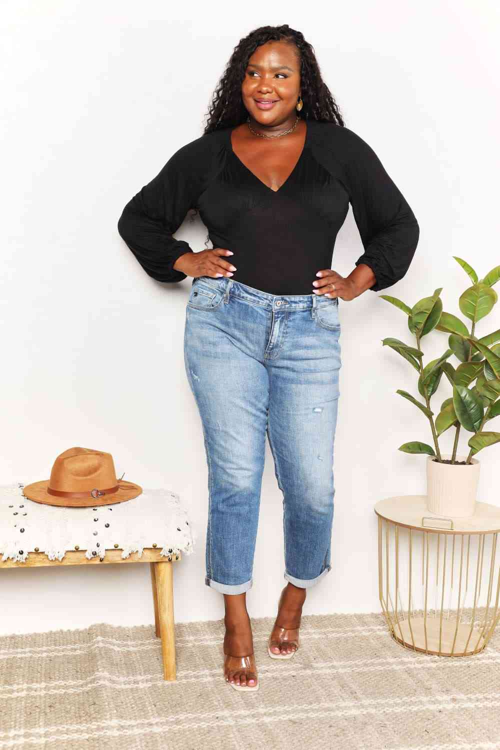 Antique White Culture Code Full Size V- Neck Bodysuit Work Attire