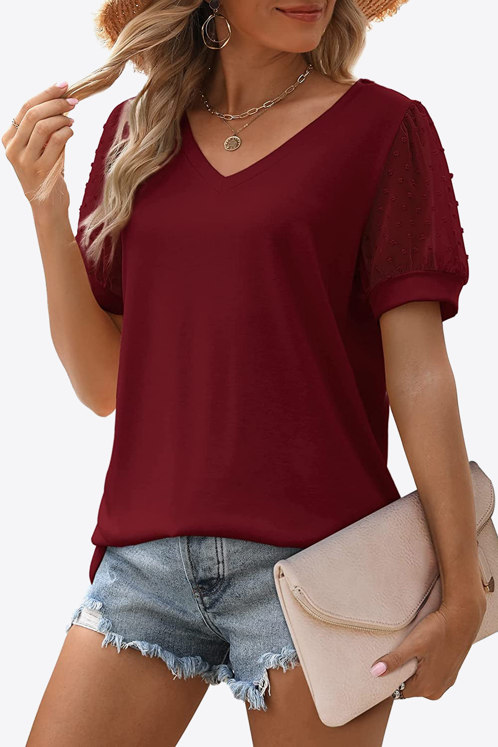 Saddle Brown Swiss Dot Puff Sleeve V-Neck Tee Tops