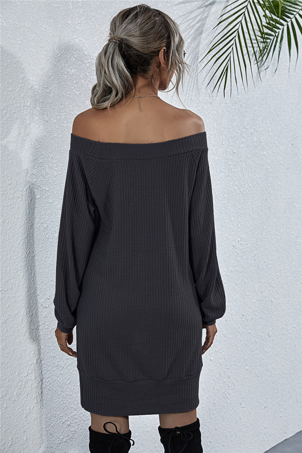 Dark Slate Gray Here For The View Waffle-Knit Boat Neck Mini Dress Mini Dresses