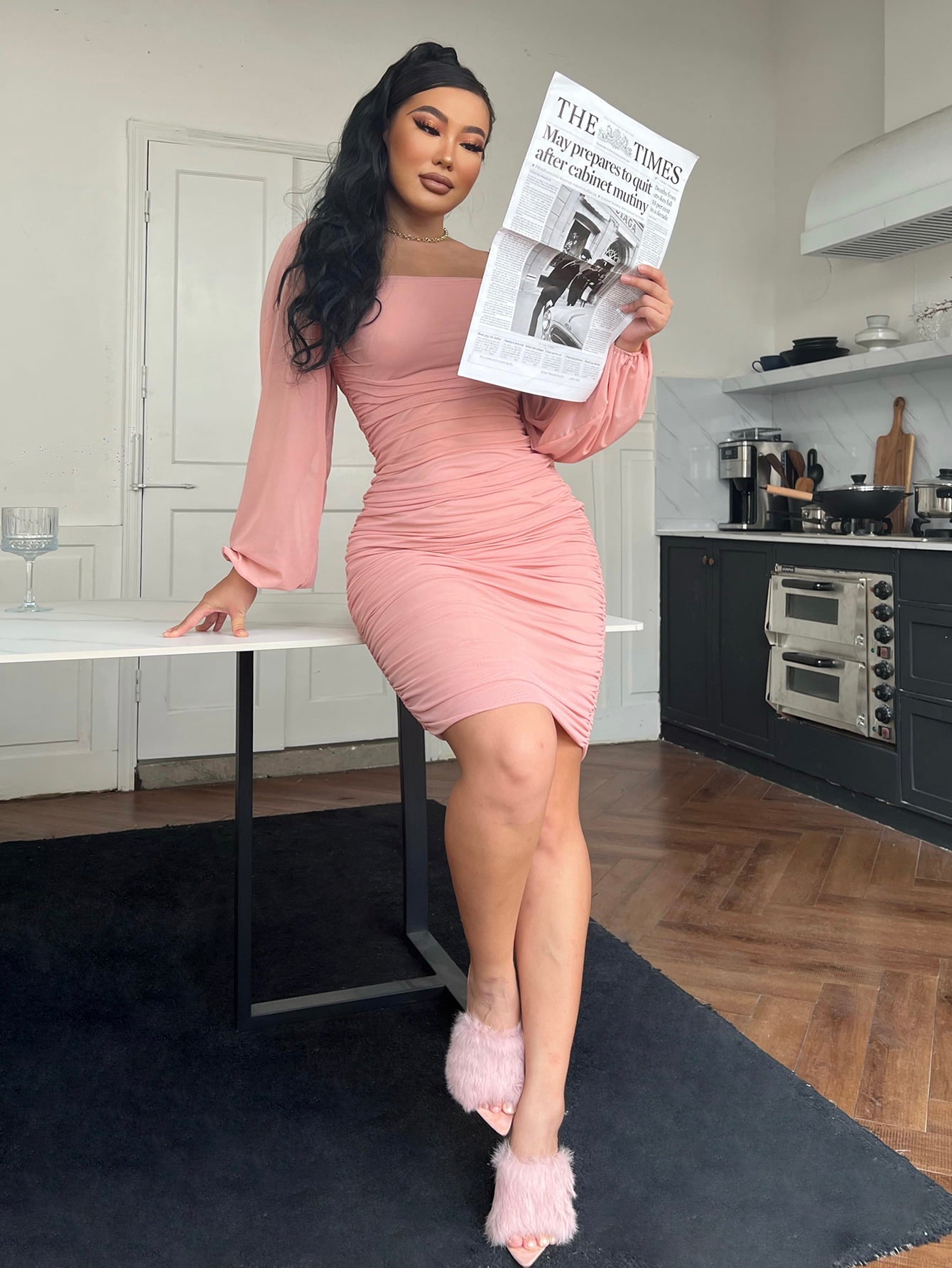 Dark Gray Zip-Back Ruched Bodycon Dress Cocktail Dresses