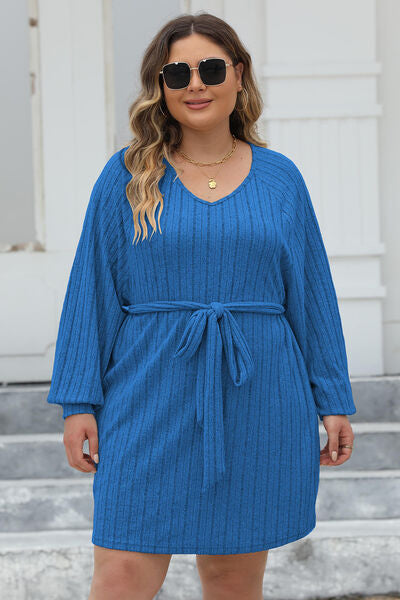 Dark Slate Blue Plus Size Ribbed Tie Front Long Sleeve Sweater Dress Plus Size Clothing