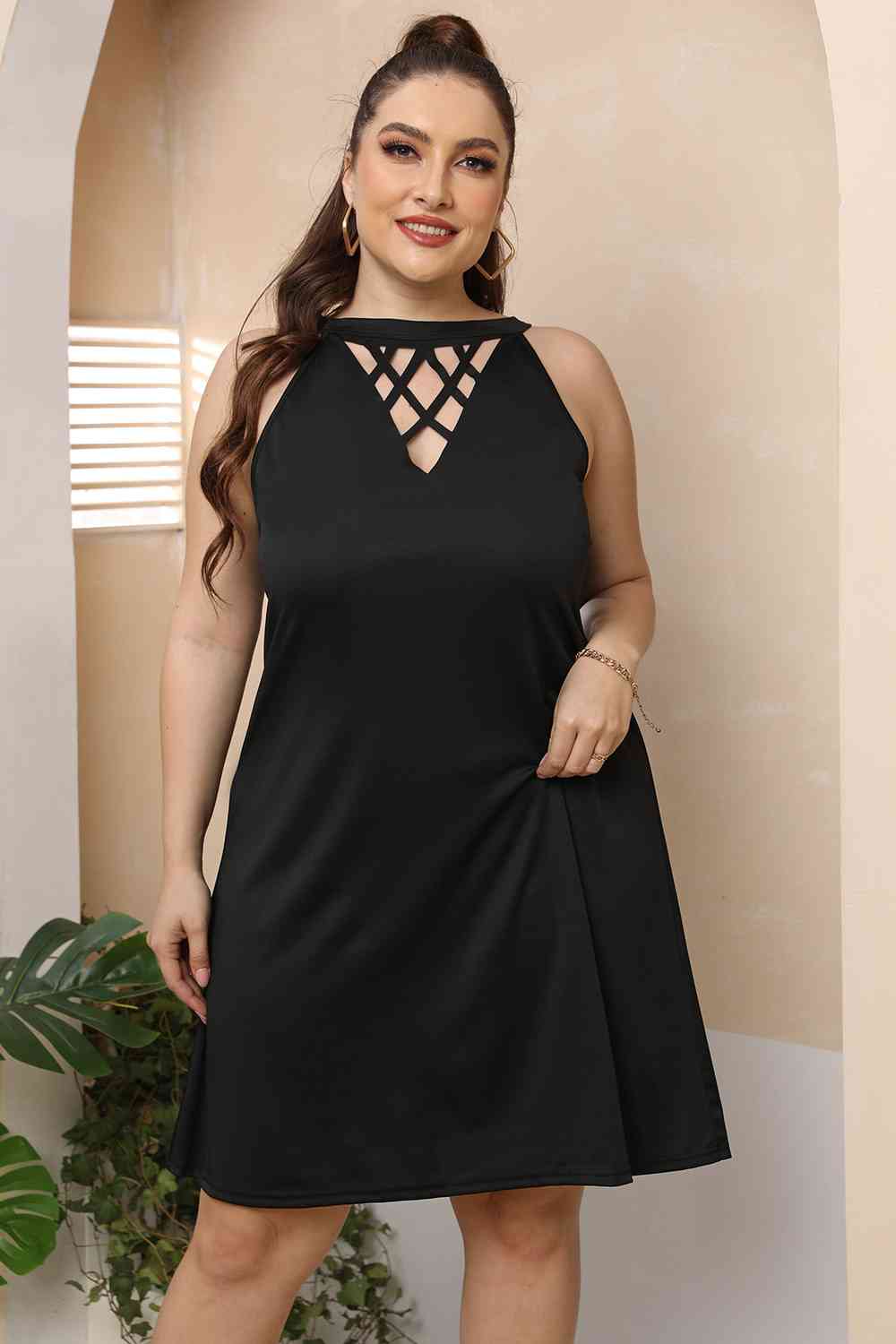 Tan Plus Size Cutout Round Neck Sleeveless Dress Plus Size Clothes