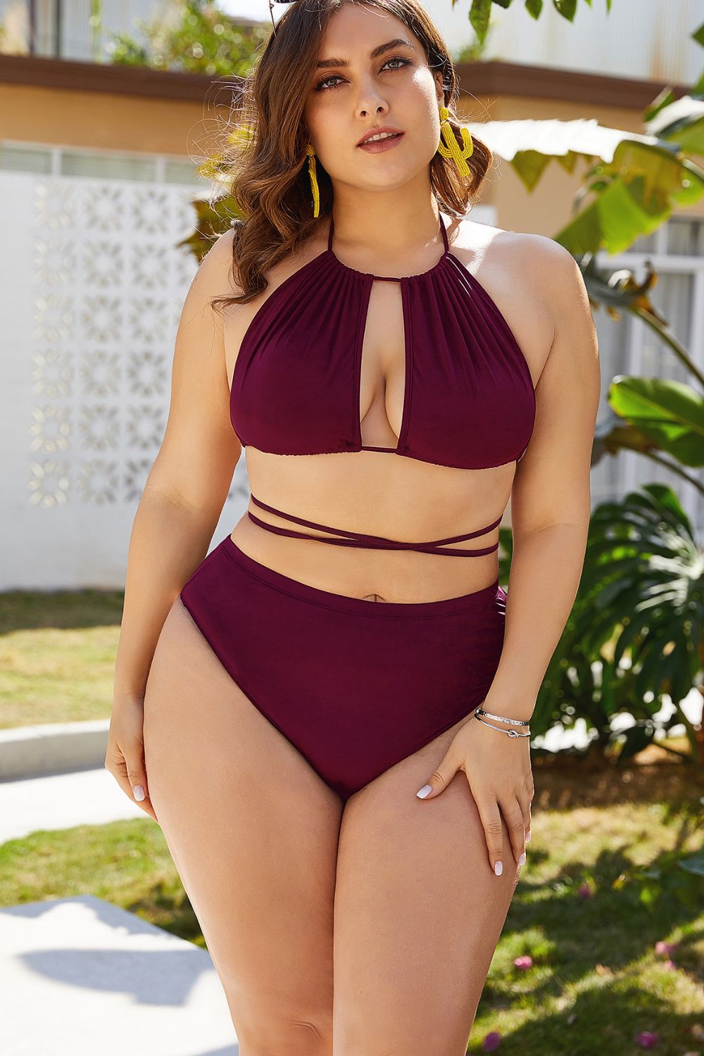 Rosy Brown What’s My Name Plus Size Cutout Tied Backless Bikini Set Plus Size Swimsuits
