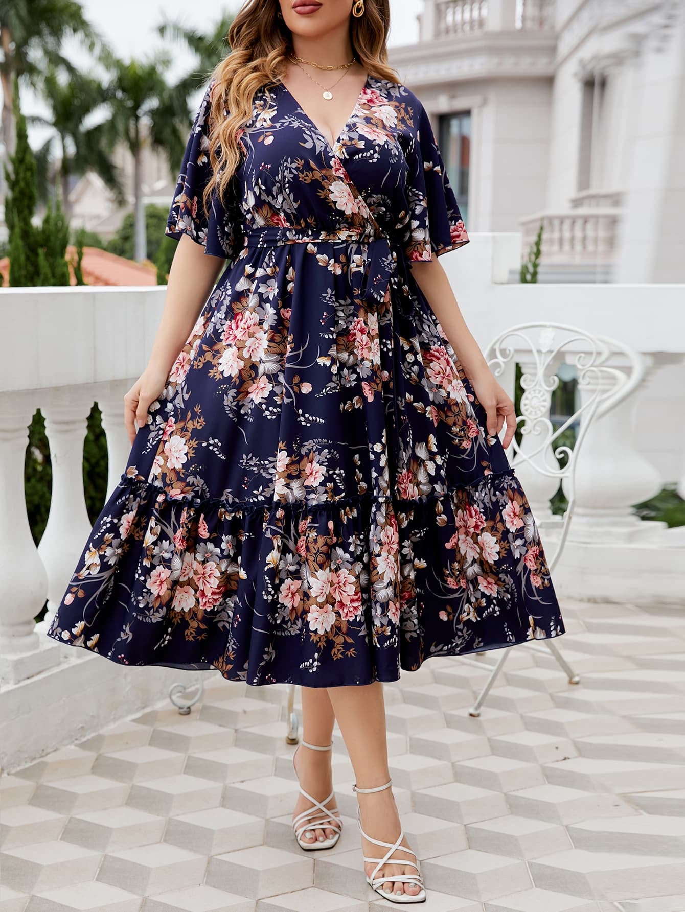 Gray Flower Child Plus Size Floral Surplice Neck Midi Dress Plus Size Dresses