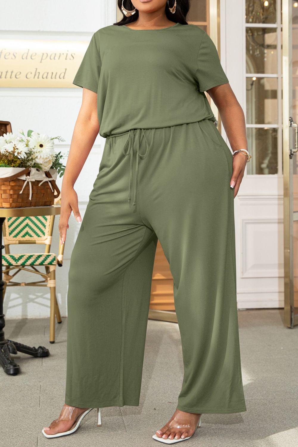 Dim Gray Plus Size Drawstring Waist Short Sleeve Jumpsuit Plus Size Clothes