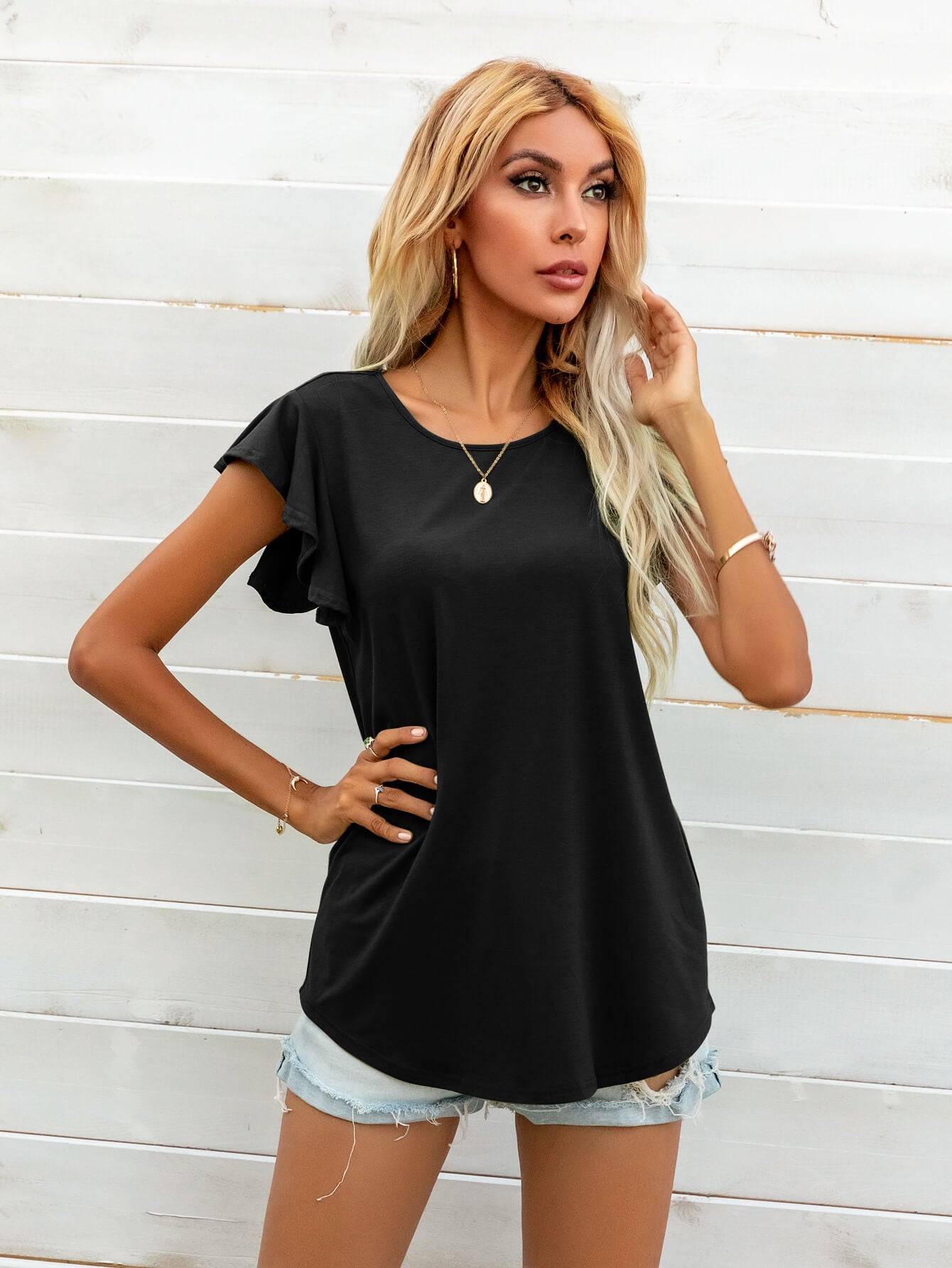 Light Gray Round Neck Butterfly Sleeve Top Tops