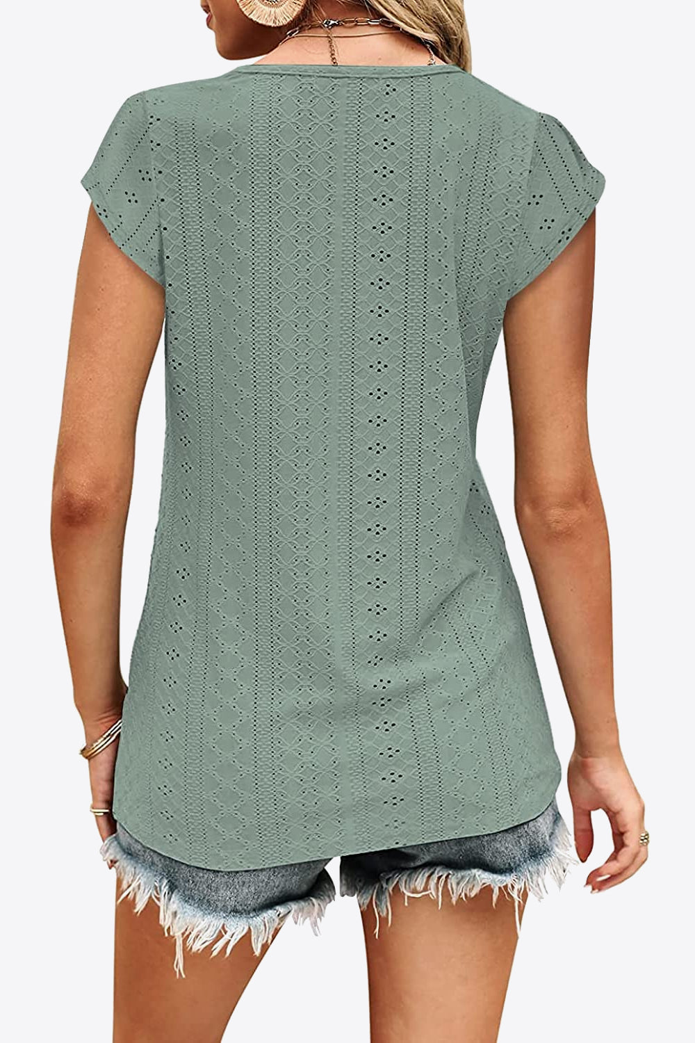 Light Slate Gray Eyelet Contrast V-Neck Tee Tops