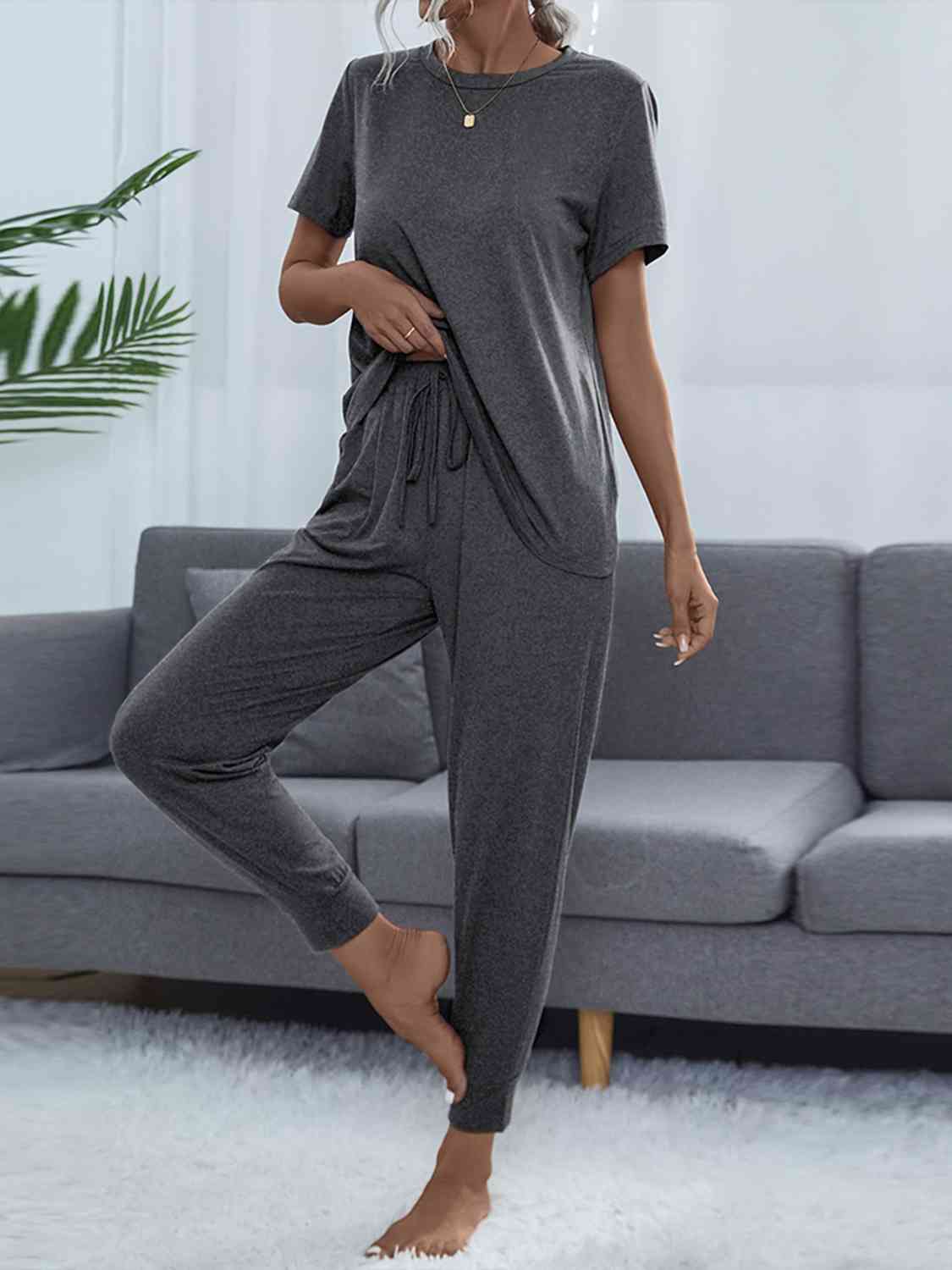 Dark Slate Gray Round Neck Short Sleeve Top and Pants Set Loungewear