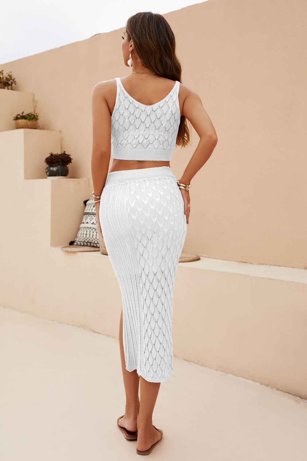Light Gray Openwork Cropped Tank and Split Skirt Set Clothing