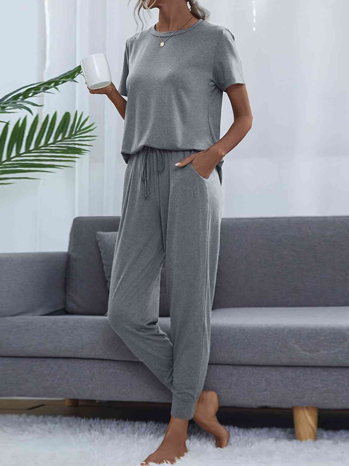 Dim Gray Round Neck Short Sleeve Top and Pants Set Loungewear