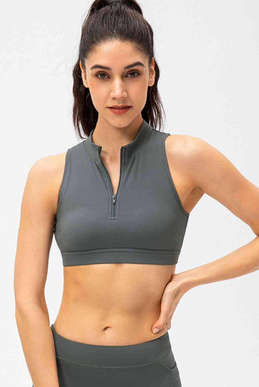 Dark Slate Gray Go Hard Full Size Cropped Cutout Back Zipper Front Active Tank Top activewear