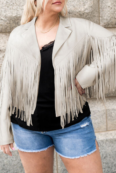 Gray Plus Size Fringe Open Front Jacket Plus Size Clothing