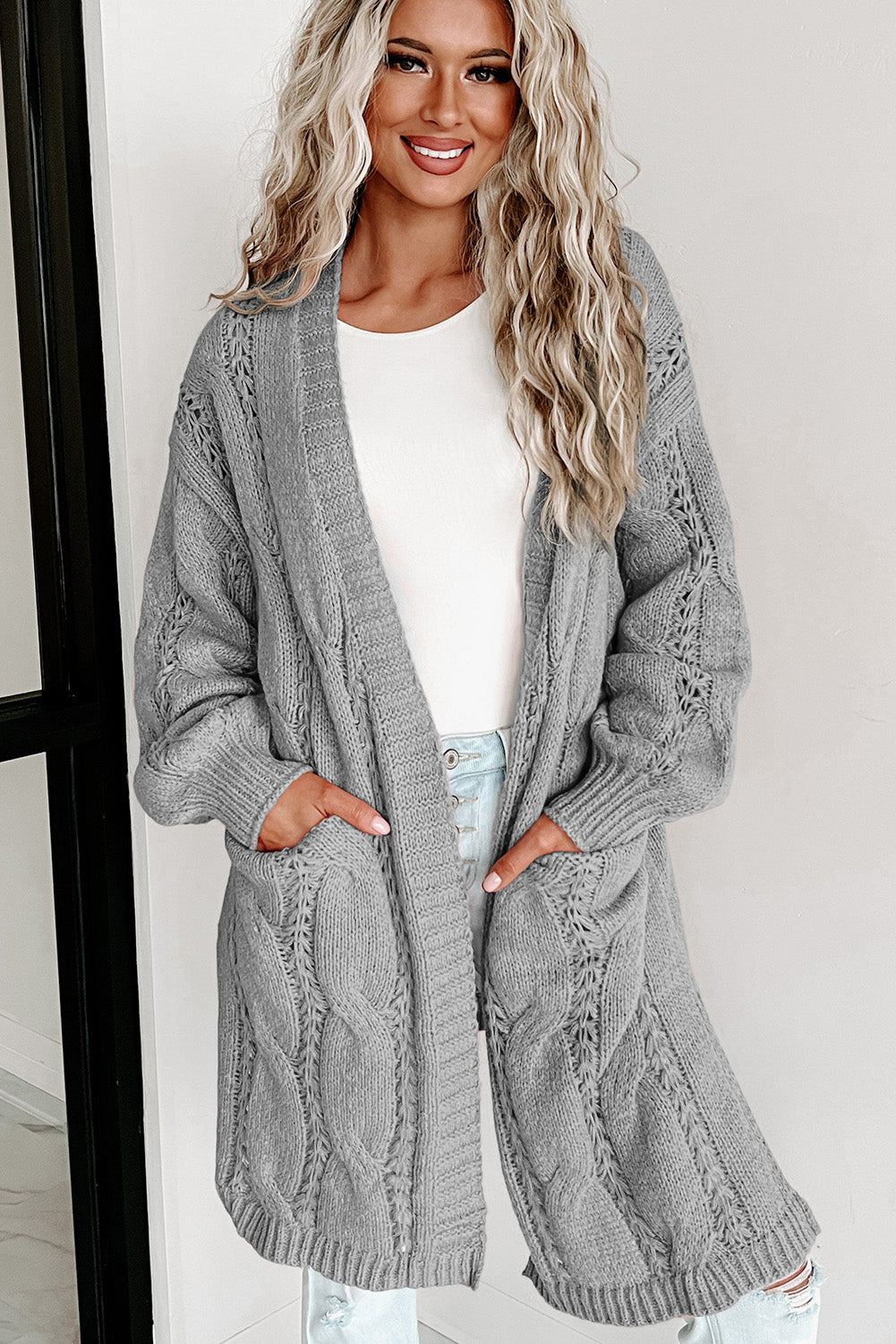 Gray Cozy Cable-Knit Dropped Shoulder Cardigan Cardigan