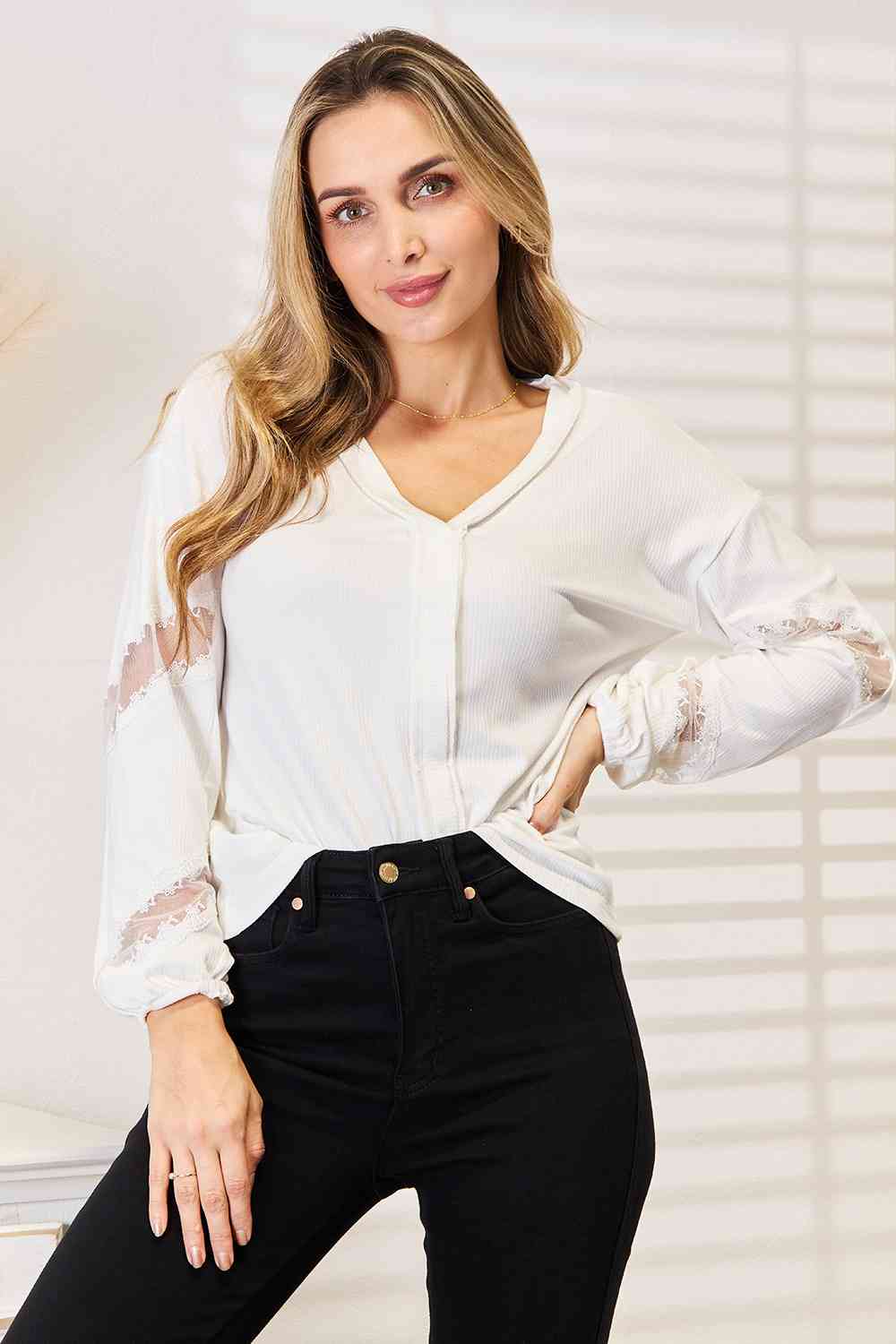 Light Gray Double Take V-Neck Dropped Shoulder Blouse Work Attire