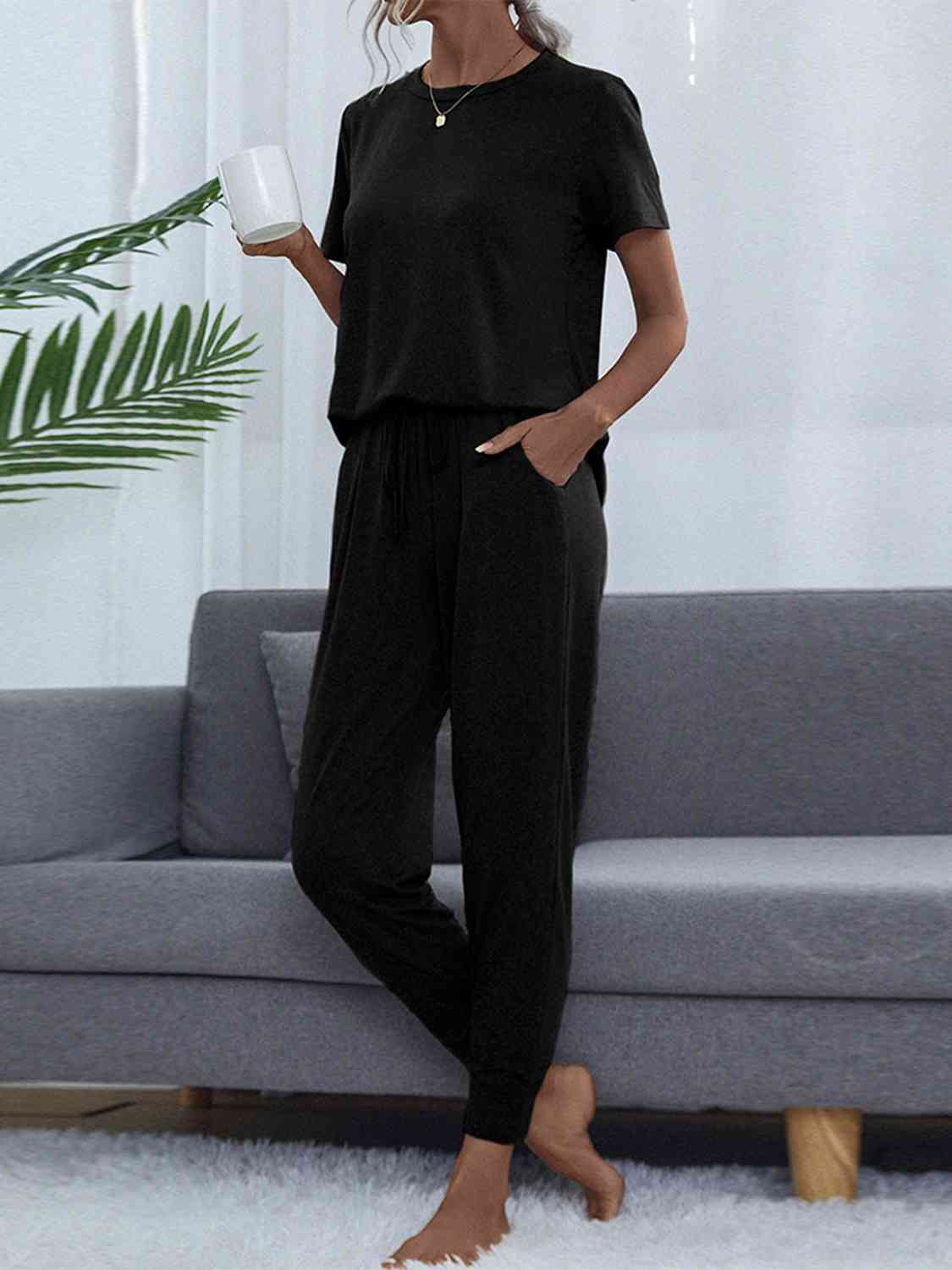 Dark Slate Gray Round Neck Short Sleeve Top and Pants Set Loungewear