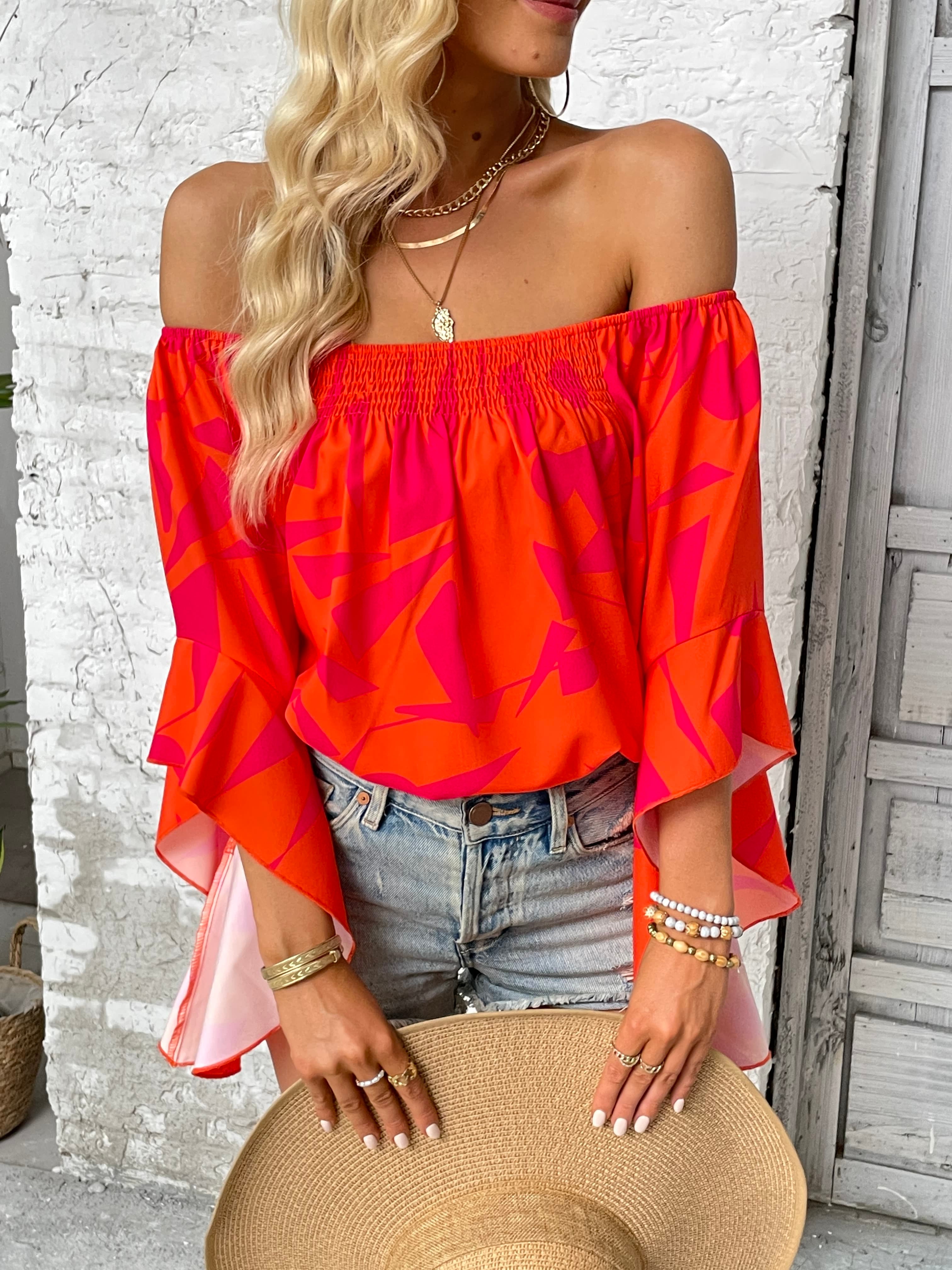Tan Printed Off-Shoulder Bell Sleeve Blouse Tops