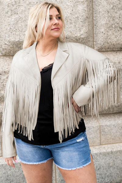 Gray Plus Size Fringe Open Front Jacket Plus Size Clothing