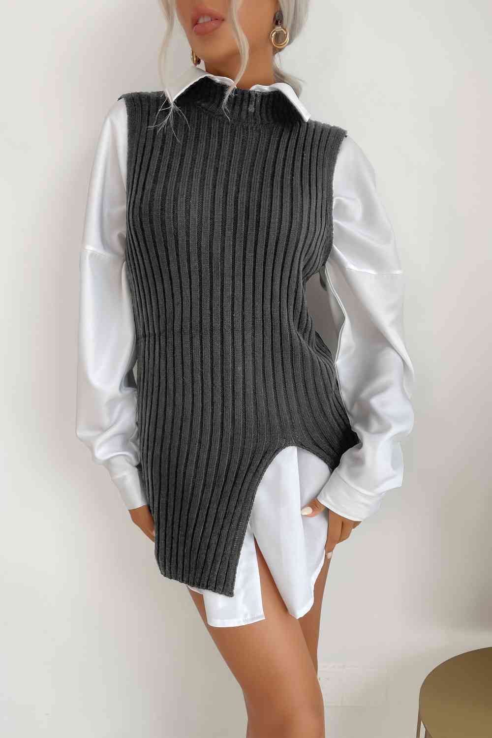 Light Gray Slit Hem Sweater Vest Dress Winter Accessories