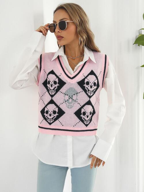Light Gray Skull Contrast V-Neck Sweater Vest Winter Accessories