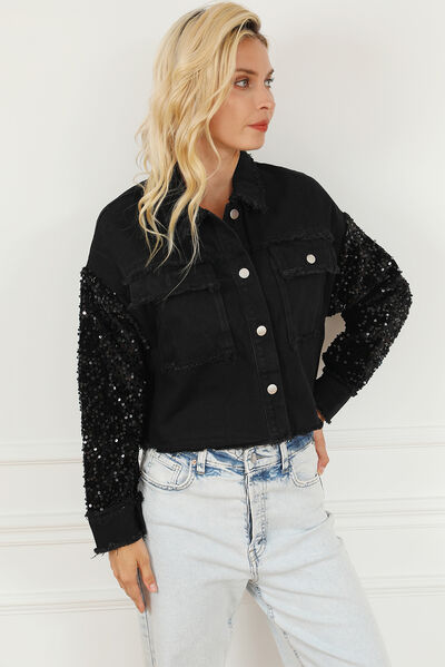 Black Sequin Button Up Raw Hem Denim Jacket Clothing