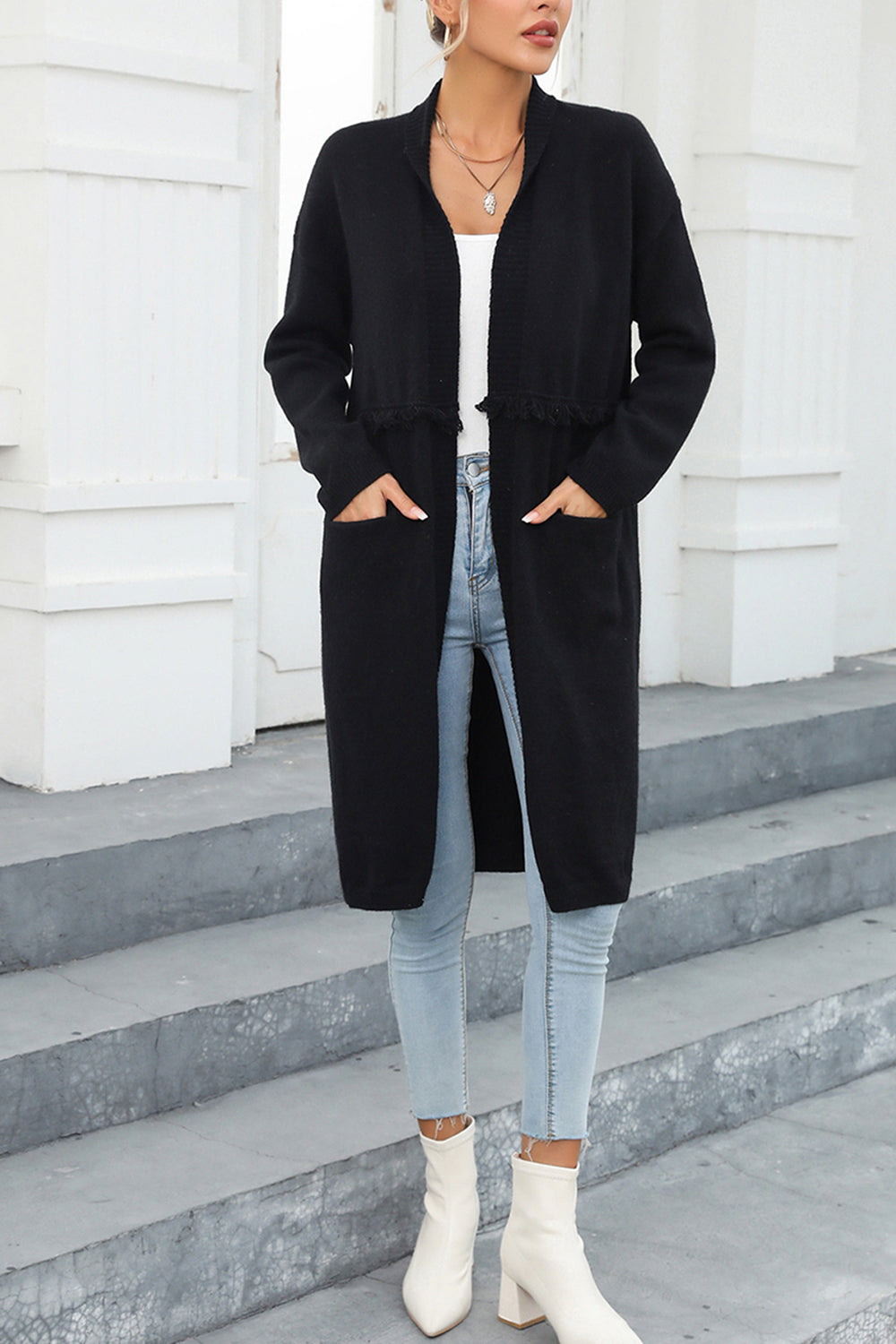 Gray Open Front Pocketed Cardigan Clothing