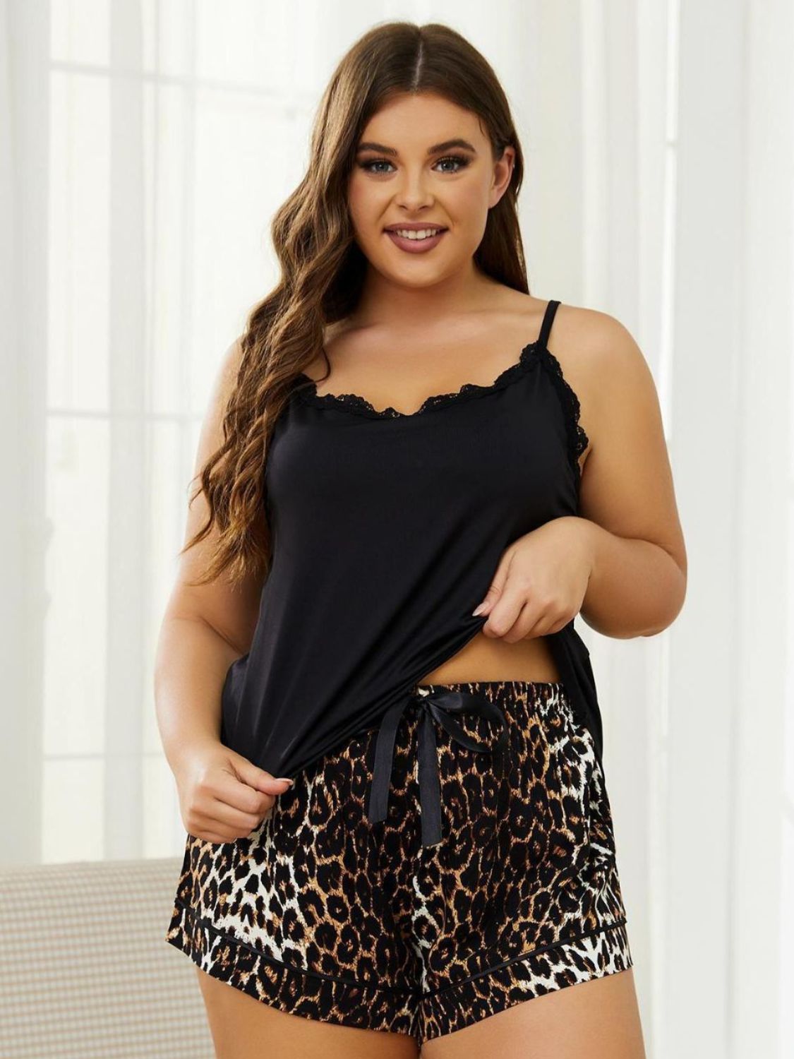 Black Plus Size Lace Trim Scoop Neck Cami and Printed Shorts Pajama Set Plus Size Clothes