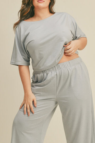 Gray Be Brave Short Sleeve Cropped Top and Wide Leg Pants Set Outfit Sets