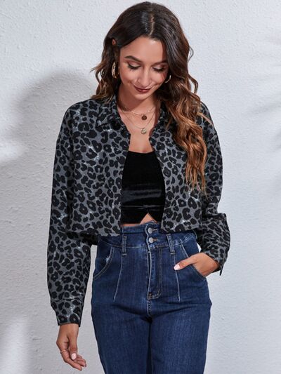 Dark Slate Gray Leopard Button Up Collared Neck Cropped Jacket Trends