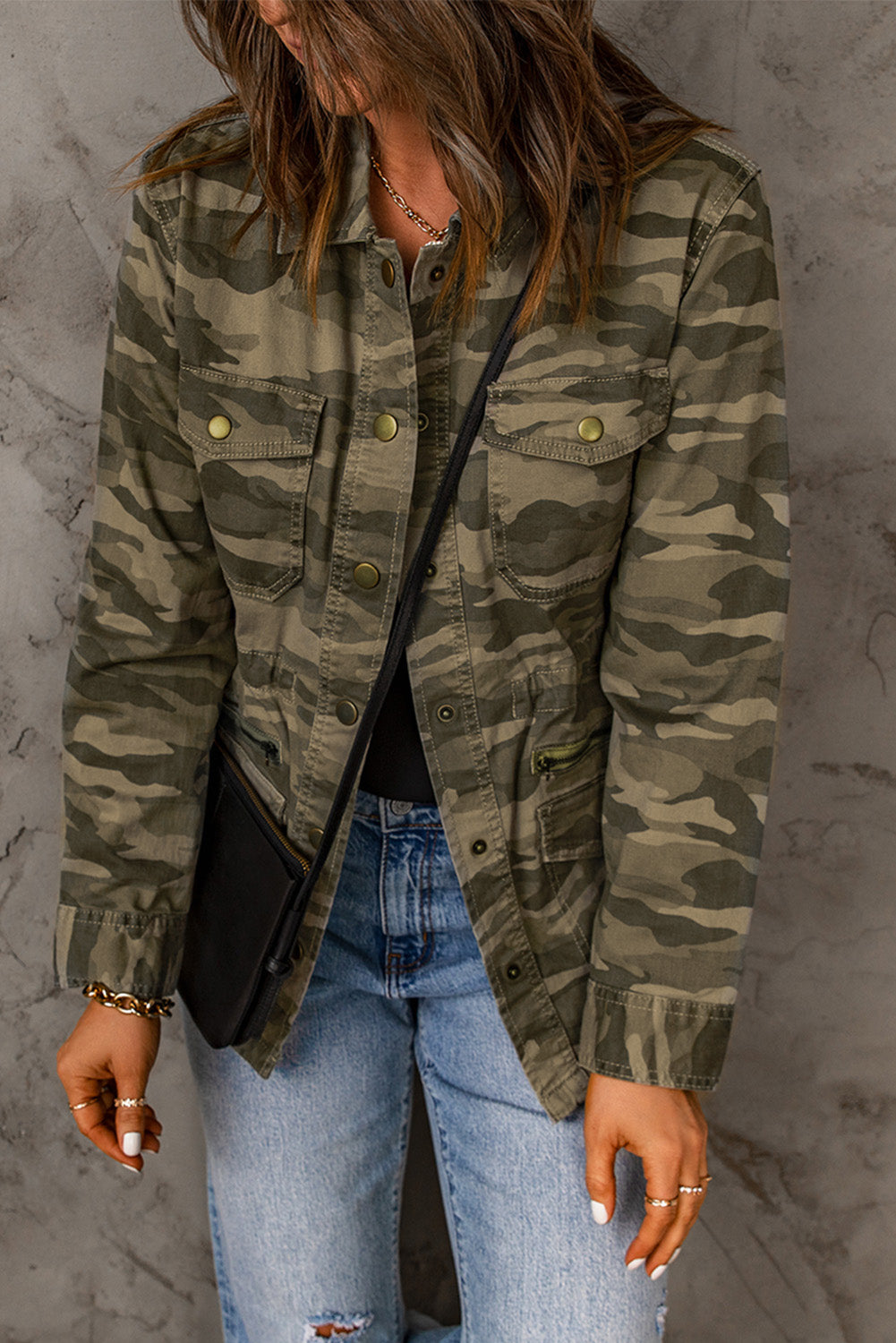 Dark Olive Green Winter Days Camouflage Snap Down Jacket Jacket