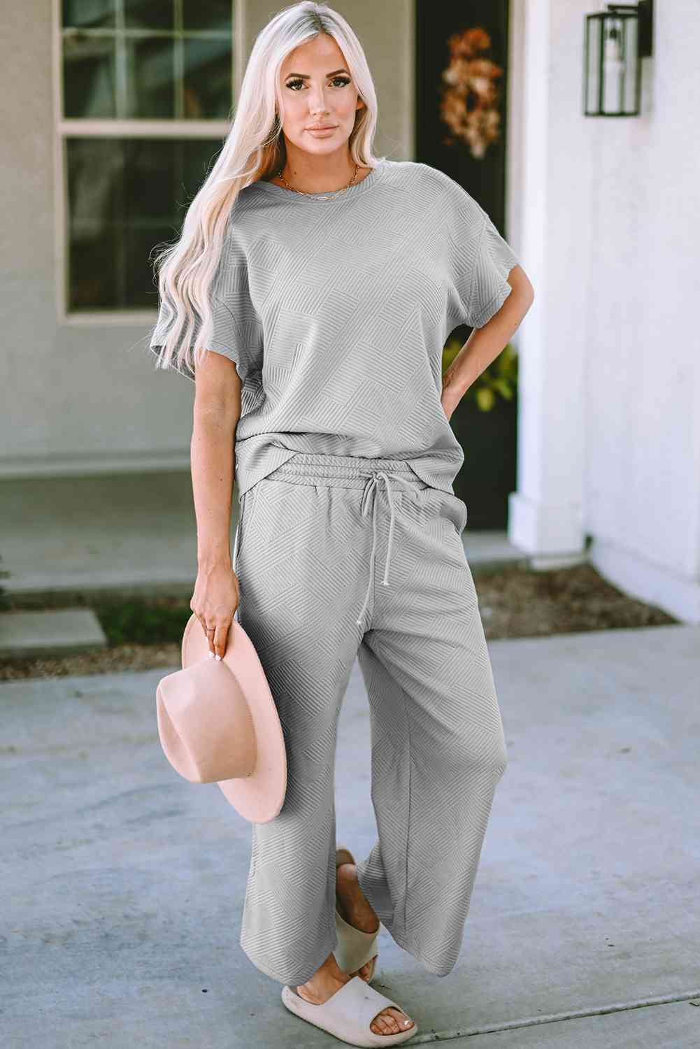 Dark Gray Incredible Textured Short Sleeve Top and Pants Set Loungewear
