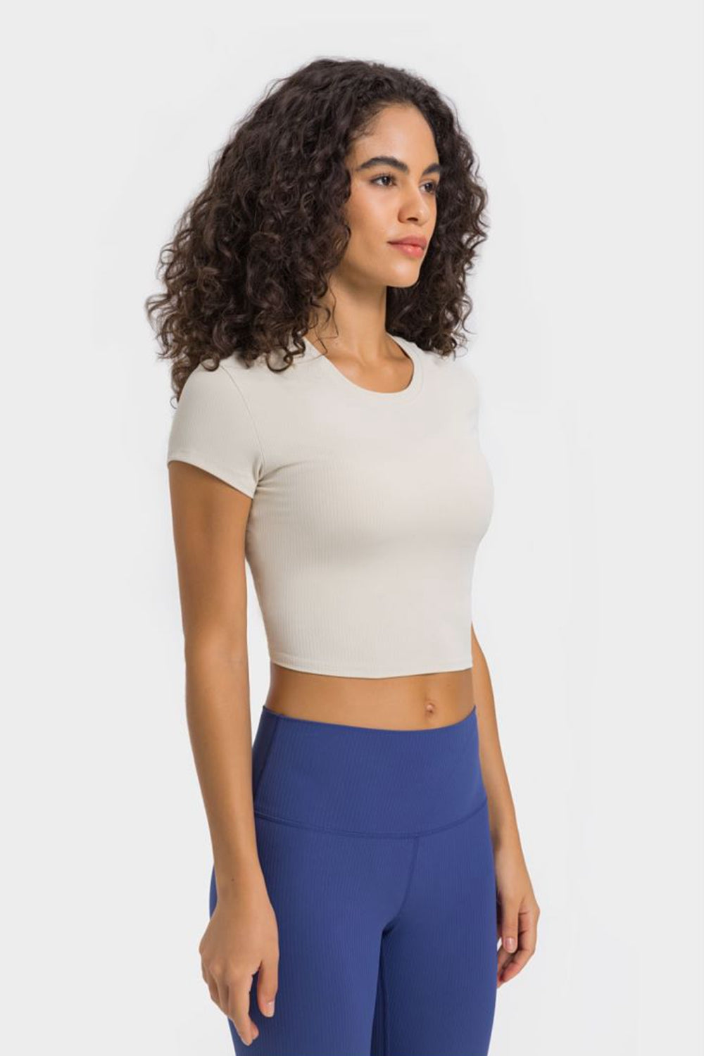 Beige Round Neck Short Sleeve Cropped Sports T-Shirt activewear