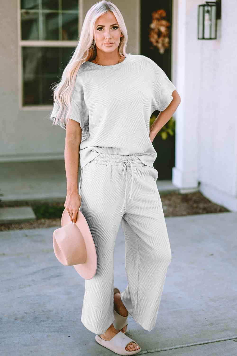 Gray Incredible Textured Short Sleeve Top and Pants Set Loungewear