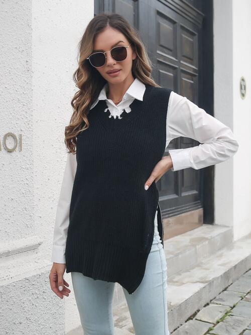 Dark Slate Gray Frayed Hem Slit Sweater Vest Winter Accessories