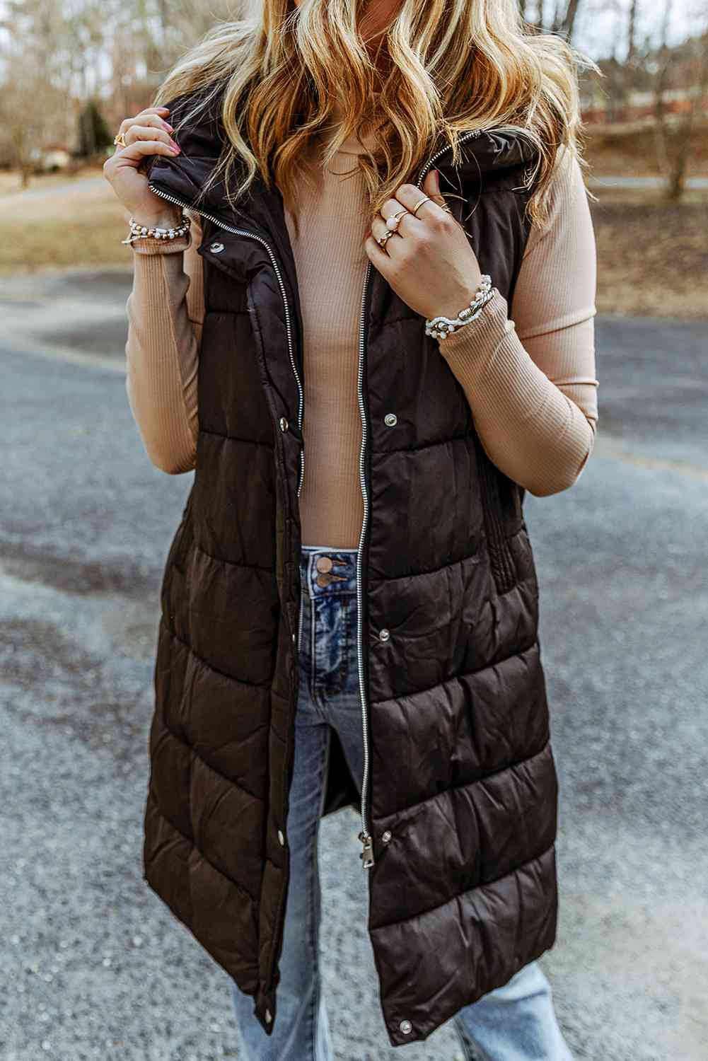 Dim Gray Longline Hooded Sleeveless Puffer Vest VEST