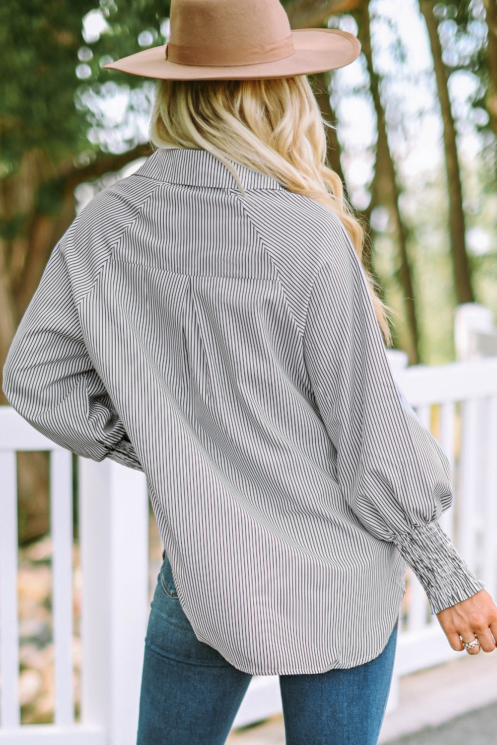 Light Gray Striped Lantern Sleeve Collared Shirt Tops