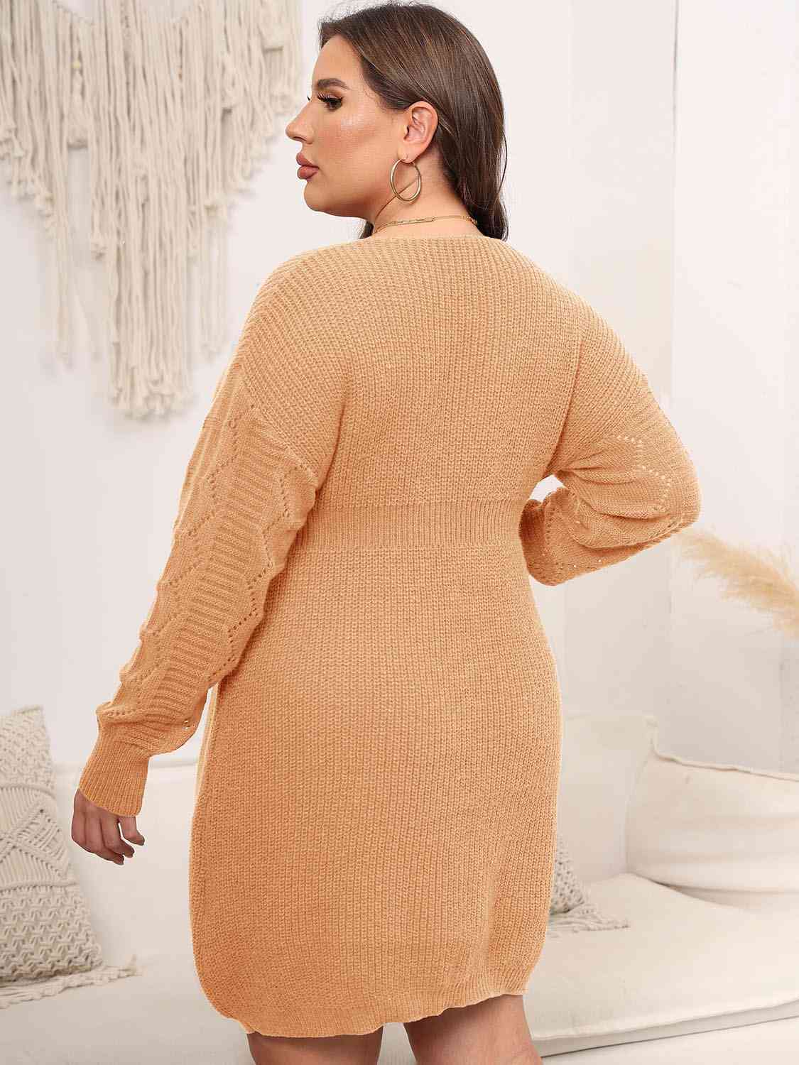 Light Gray Plus Size Dropped Shoulder Long Sleeve Knit Mini Dress Plus Size Clothes