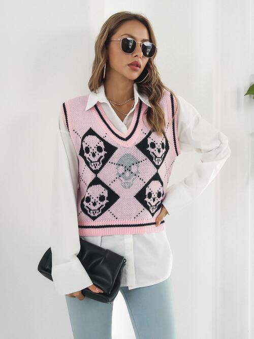 Light Gray Skull Contrast V-Neck Sweater Vest Winter Accessories
