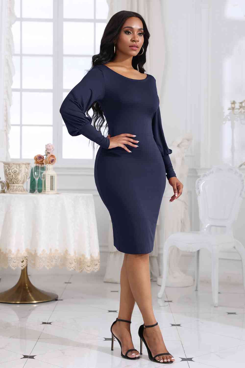 Light Gray Boat Neck Lantern Sleeve Dress Holiday