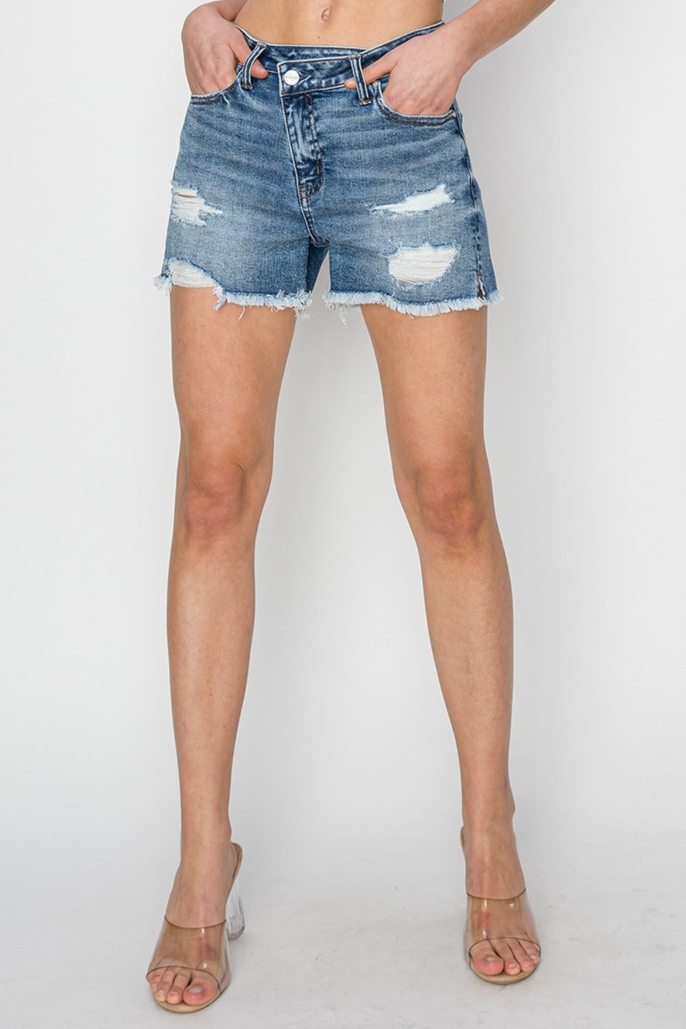 Light Gray RISEN Stepped Waist Frayed Denim Shorts