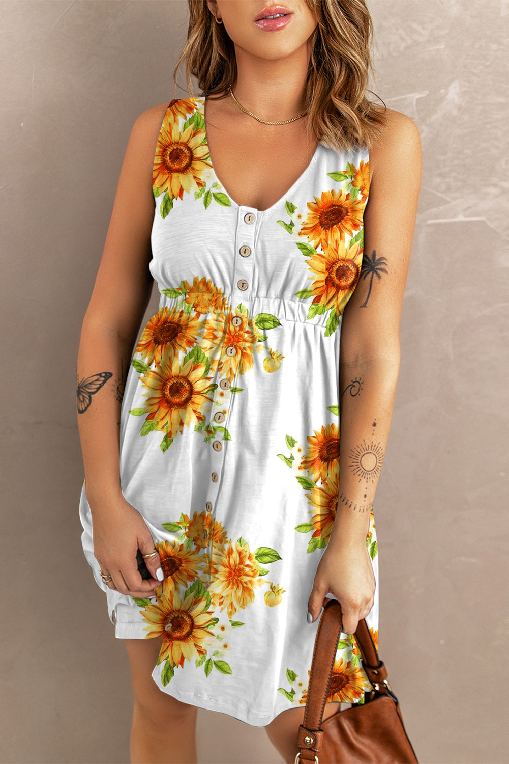 Rosy Brown Sunflower Print Magic Button Down Sleeveless Dress Dresses