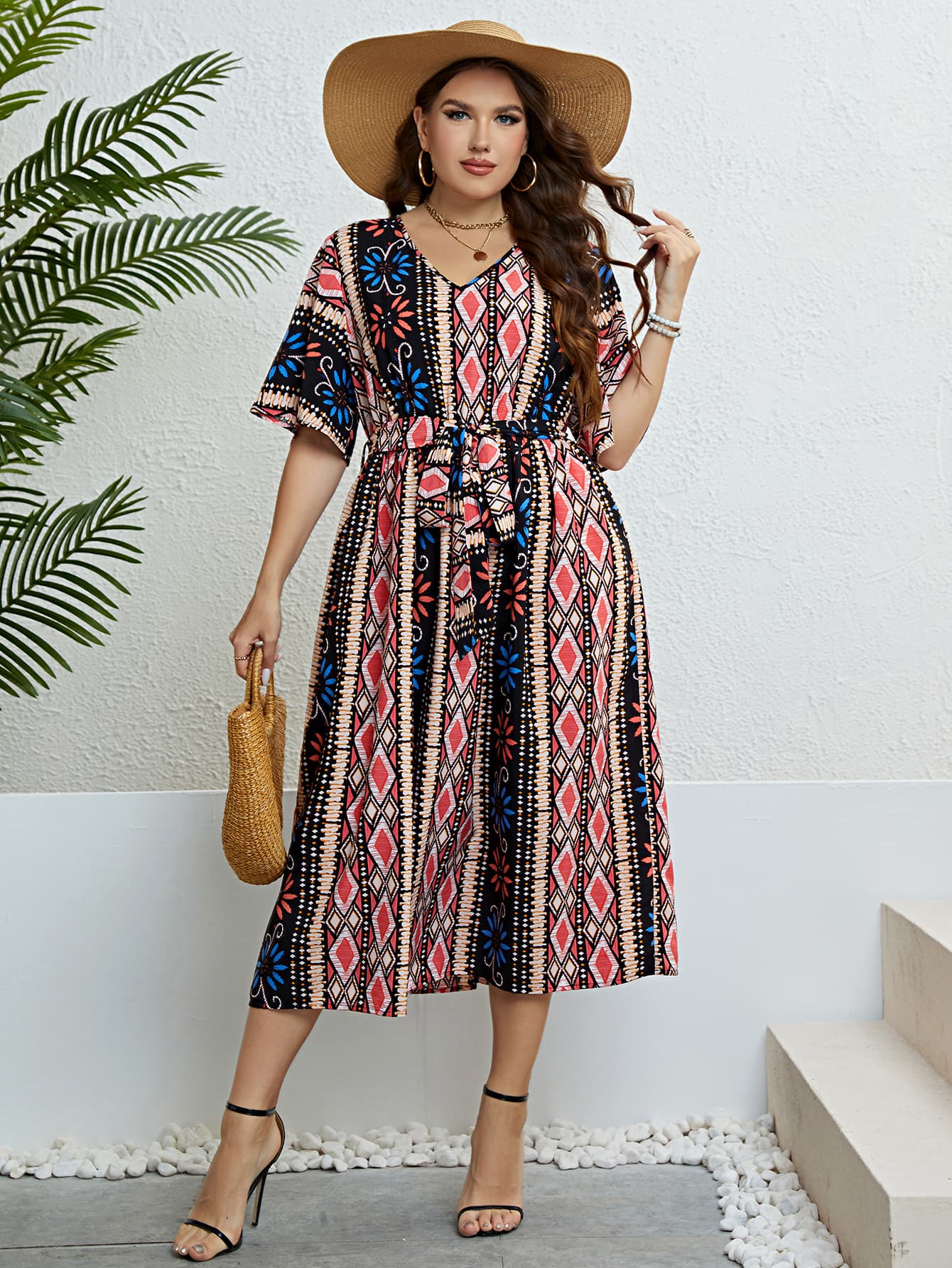 Gray You Are My Only Sunshine Plus Size Bohemian V-Neck Tie Belt Midi Dress Midi Dresses