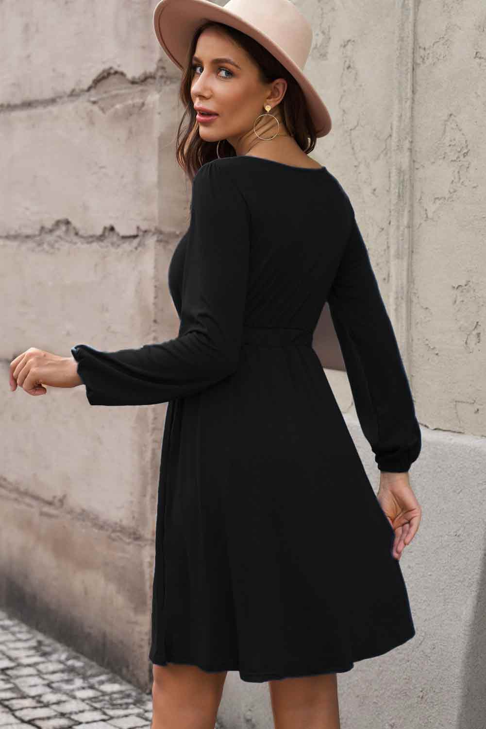 Dark Gray The Magic Dress Scoop Neck Empire Waist Long Sleeve Mini Dress Casual Dresses