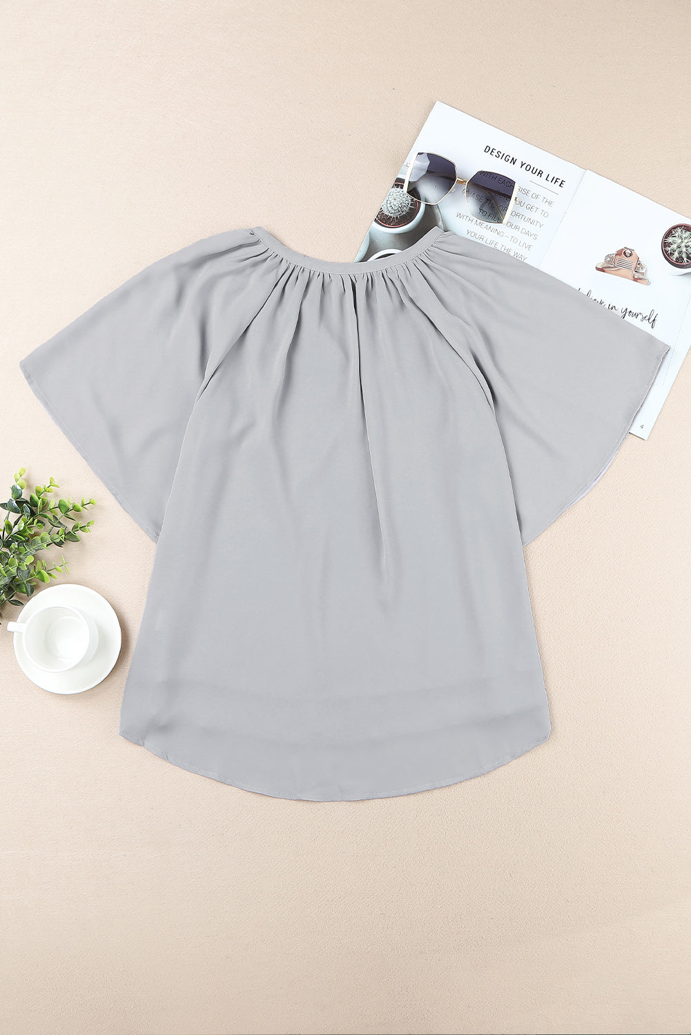 Light Gray Simply Chic Gathered Detail Notched Neck Flutter Sleeve Top Tops