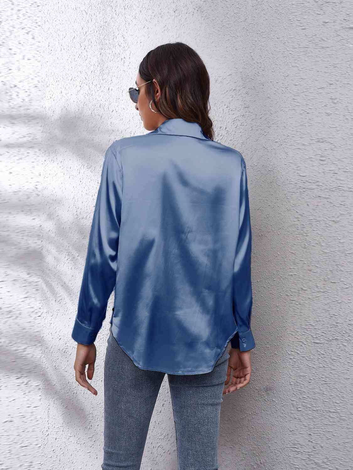 Gray That Girl Collared Neck Buttoned Long Sleeve Satin Shirt Long Sleeve Tops