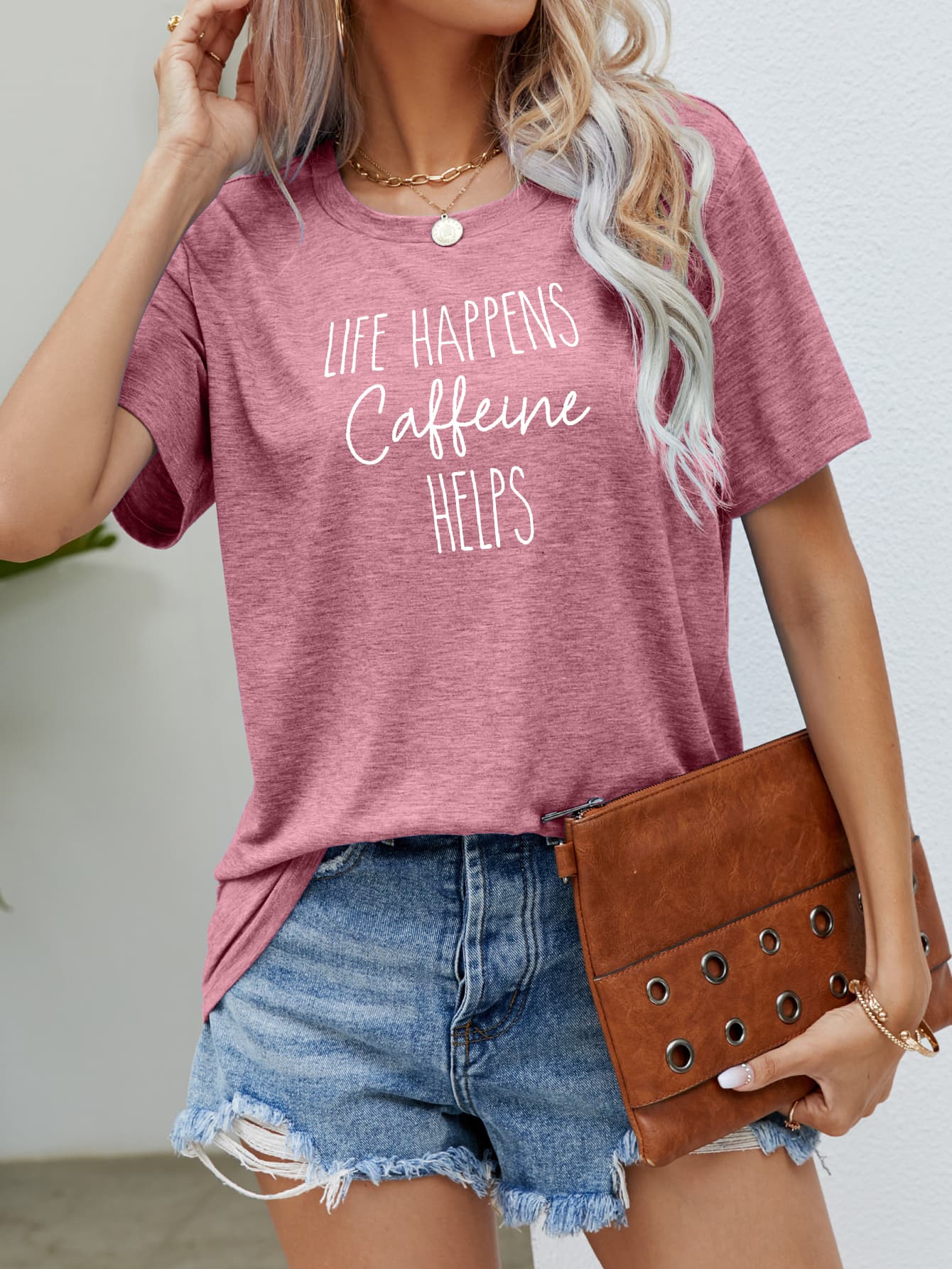 Rosy Brown LIFE HAPPENS CAFFEINE HELPS Graphic Tee Tops