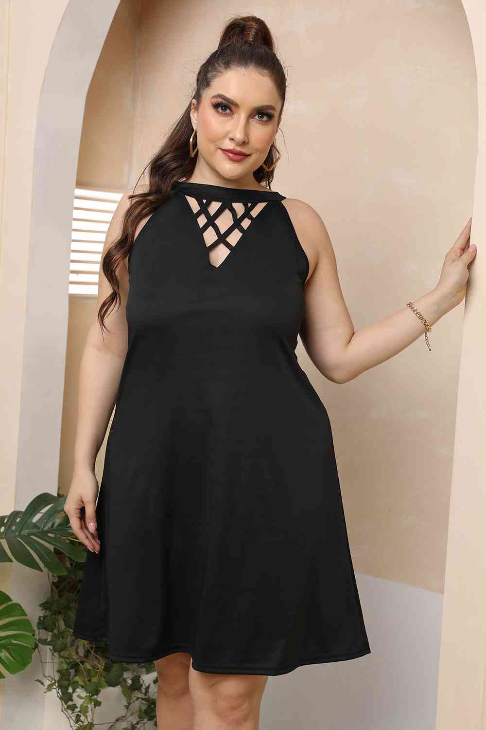 Tan Plus Size Cutout Round Neck Sleeveless Dress Plus Size Clothes
