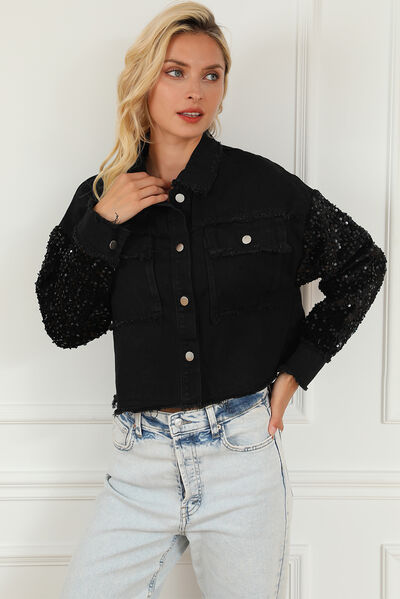 Black Sequin Button Up Raw Hem Denim Jacket Clothing