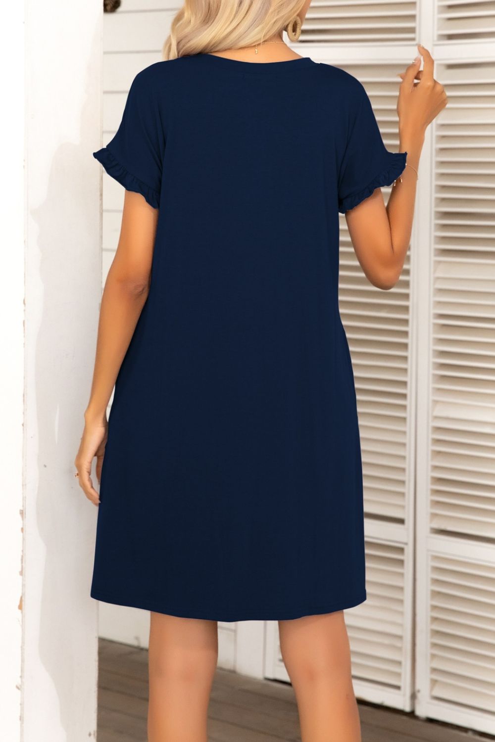 Midnight Blue Flounce Sleeve Round Neck Dress with Pockets